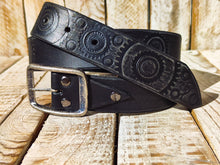 Handmade Black Leather Belt with Embossed Motorcycle Gear Design - Unique Steampunk Style by Ishaor, 3.6 cm Wide