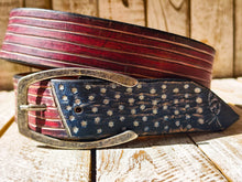 Handmade Leather Belt with American Flag Design and Horseshoe Buckle – 4.2cm Wide