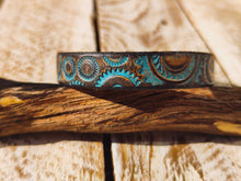 Handcrafted Steampunk Leather Bracelet - 1.5 cm Brown & Turquoise Motorcycle Gear Design by ISHAOR