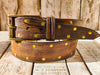 Handmade Brown Leather Belt with Blackened Gold Rivets - Perfect for Guitar Lovers with Guitar Pick Holder