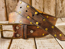 Handmade Brown Leather Belt with Blackened Gold Rivets and Guitar Pick Holder - Perfect for Guitar Enthusiasts