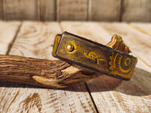 Handcrafted Steampunk Leather Bracelet - 1.5 cm Brown & Yellow Motorcycle Gear Design by ISHAOR