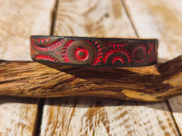 Handcrafted Steampunk Leather Bracelet - 1.5 cm Black & Red Motorcycle Gear Design by ISHAOR