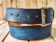 Handmade Blue & Black Leather Belt by Ishaor - 4.2cm Wide, Perfect with Jeans, High Quality Traditional Craftsmanship