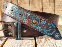 Handmade Brown Leather Belt with Turquoise Motorcycle Gear Design – Unique 3.6cm Wide Belt by Ishaor