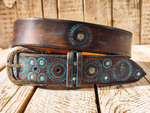 Handmade Brown Leather Belt with Turquoise Motorcycle Gear Design – Unique 3.6cm Wide Belt by Ishaor