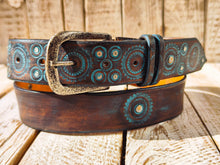 Handmade Brown Leather Belt with Turquoise Motorcycle Gear Design – Unique 3.6cm Wide Belt by Ishaor