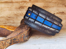 Handcrafted Crocodile-Style Leather Bracelet - Black Gray Wash Blue Accent - 45cm Wide - Ishaor