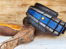 Handmade Crocodile-Style Leather Bracelet - Black with Gray Wash & Blue Accent - 4.5cm Wide by Ishaor