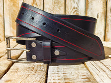 Handmade Black Leather Belt with Red Line Frame – 4.2cm Wide and Silver Buckle