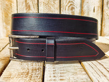 Handmade Black Leather Belt with Red Line Frame - 42cm Width and Silver Buckle - Quality Leather Accessory