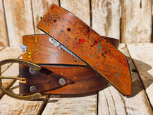 Handmade Brown Leather Belt with Colorful Paint Splashes and Jean Accents, 4.2cm Wide - Unique Design by Ishaor