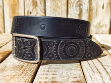 Handmade Black Leather Belt with Embossed Motorcycle Gear Design - Unique Steampunk Style by Ishaor, 3.6 cm Wide