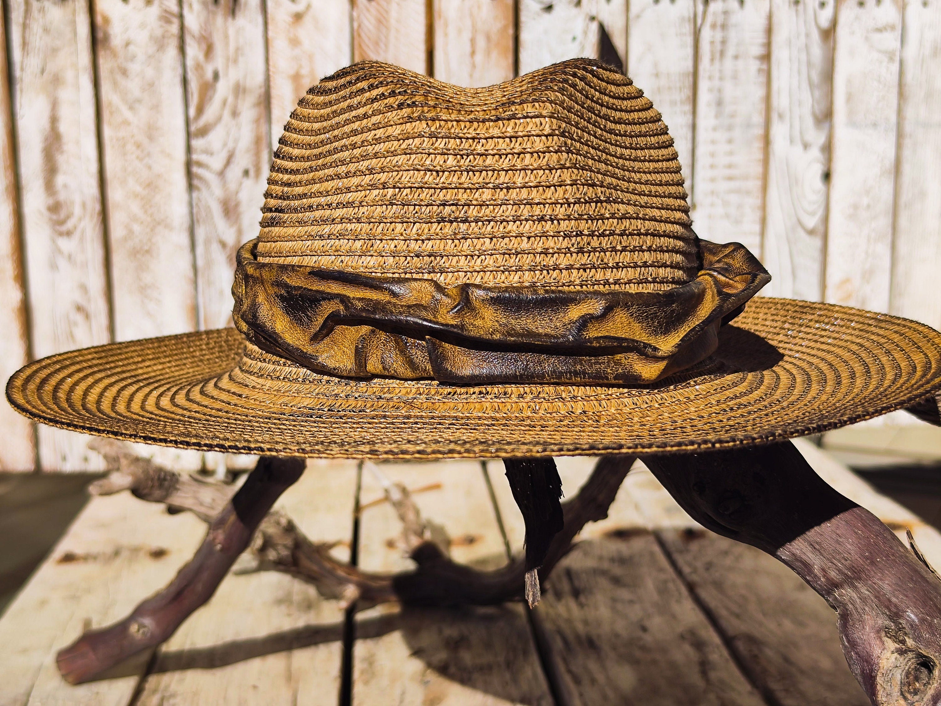 Handmade Straw Hat with Brown Leather Band and Removable Peacock Feather - Unique and Artistic Design