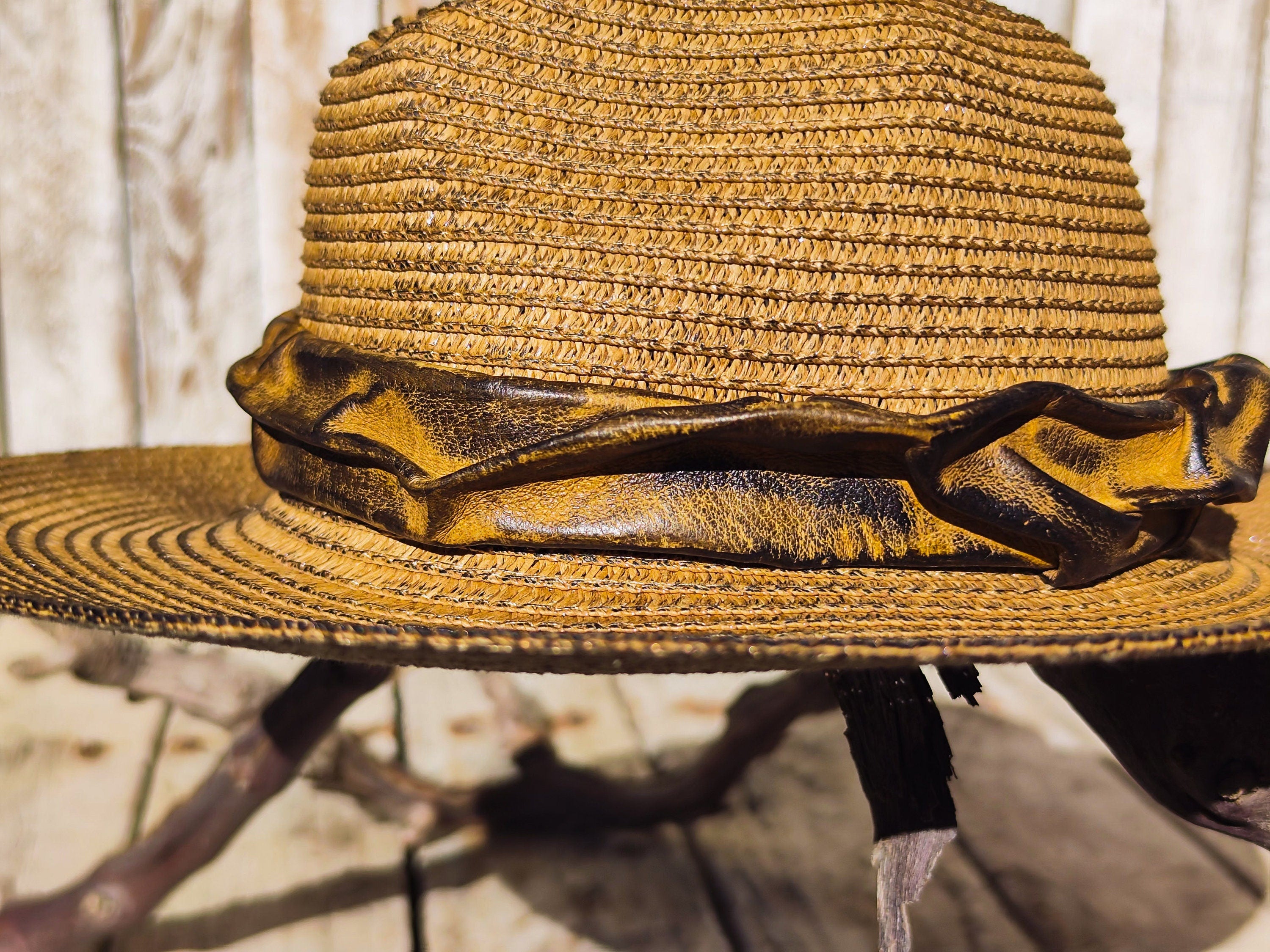 Handmade Straw Hat with Brown Leather Band and Removable Peacock Feather - Unique and Artistic Design