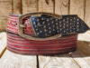 Handmade Leather American Flag Belt with Horseshoe Buckle - 42cm Wide - Patriotic and Stylish