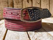 Handmade Leather Belt with American Flag Design and Horseshoe Buckle – 4.2cm Wide