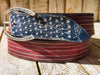 Handmade Leather American Flag Belt with Horseshoe Buckle - 42cm Wide - Patriotic and Stylish