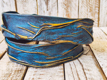 Handmade 3D Leather Belt - Turquoise with Brown Wash & Gold Accents - Unique Artistic Fashion Accessory