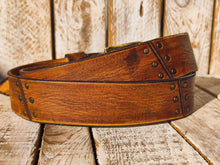 Handmade Leather Belt with Vintage Bronze Studs - Two-Tone Brown - 3.6cm Unique Rustic Design