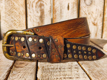 Handmade Leather Belt with Vintage Bronze Studs - Two-Tone Brown - 3.6cm Unique Rustic Design