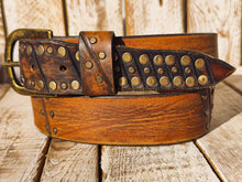 Handmade Leather Belt with Vintage Studs  Two-Tone Brown  36cm Rustic Design  Unique  Stylish