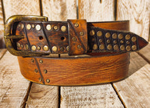 Handmade Leather Belt with Vintage Bronze Studs - Two-Tone Brown - 3.6cm Unique Rustic Design