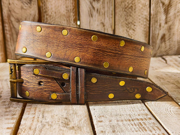 Handmade Brown Leather Belt with Blackened Gold Rivets - Perfect for Guitar Lovers with Guitar Pick Holder