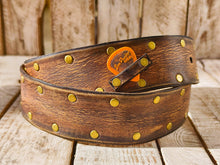 Handmade Brown Leather Belt with Blackened Gold Rivets and Guitar Pick Holder - Perfect for Guitar Enthusiasts