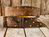 Handmade Brown Leather Belt with Blackened Gold Rivets - Perfect for Guitar Lovers with Guitar Pick Holder