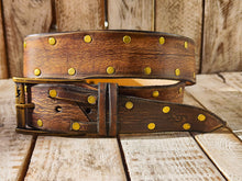 Handmade Brown Leather Belt with Blackened Gold Rivets and Guitar Pick Holder - Perfect for Guitar Enthusiasts