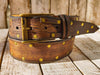 Handmade Brown Leather Belt with Blackened Gold Rivets - Perfect for Guitar Lovers with Guitar Pick Holder