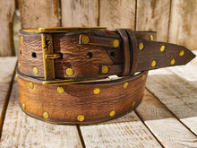 Handmade Brown Leather Belt with Blackened Gold Rivets and Guitar Pick Holder - Perfect for Guitar Enthusiasts