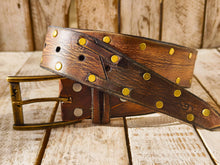 Handmade Brown Leather Belt with Blackened Gold Rivets and Guitar Pick Holder - Perfect for Guitar Enthusiasts