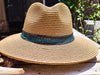 Handmade Straw Hat with Turquoise and Brown Leather Strap - Personalizable Beige Summer Hat