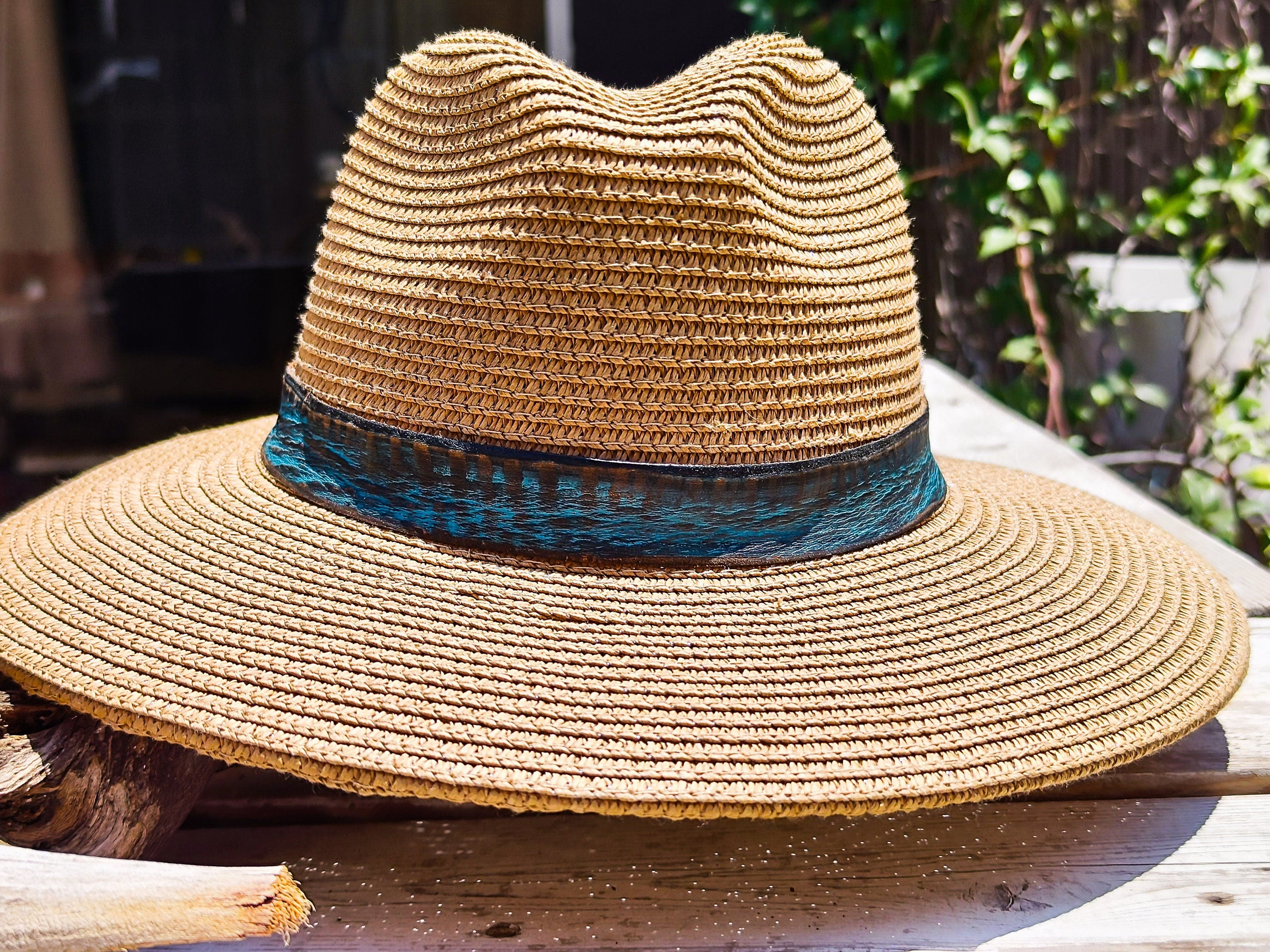 Unique Handmade Straw Hat with Vintage turquoise and Brown wash Leather strap – Beige Summer Hat, personalizable.