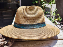 Unique Handmade Straw Hat with Vintage turquoise and Brown wash Leather strap – Beige Summer Hat, personalizable.