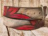 Handmade Leather Belt with Red Flower Carvings - Unique White Leather Belt with Black Wash and Lines - Custom Vintage Texture by ISHAOR