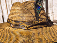 Handmade Straw Hat with Brown Leather Band and Removable Peacock Feather - Unique and Artistic Design