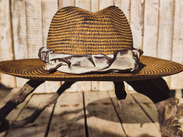 Handmade Straw Hat with Intricately Carved Leather Band – Unique 3D Textured Design and Custom Paint