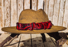 Handcrafted Straw Hat with Carved Leather Band - Bold 3D Design - Red and Black