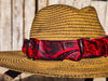 Handmade Straw Hat with Red and Black Carved Leather Band – Unique 3D Textured Design