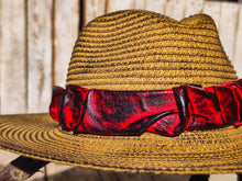 Handcrafted Straw Hat with Carved Leather Band - Bold 3D Design - Red and Black