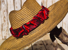 Handmade Straw Hat with Red and Black Carved Leather Band – Unique 3D Textured Design