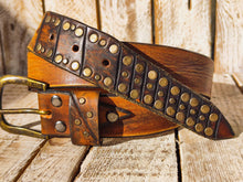 Handmade Leather Belt with Vintage Studs  Two-Tone Brown  36cm Rustic Design  Unique  Stylish