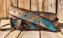 Handmade Leather Belt with Turquoise Floral Carving | Unique White Leather Belt with Brown Wash Finish | Handcrafted Artistic Belt