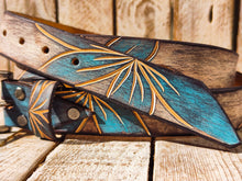 Handmade Leather Belt with Turquoise Floral Carving | Unique White Leather Belt with Brown Wash Finish | Handcrafted Artistic Belt