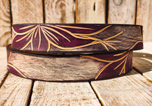 Handcrafted White Leather Belt with Engraved Purple Flower Design and Blackwash Finish