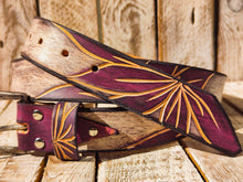 Handcrafted White Leather Belt with Engraved Purple Flower Design and Blackwash Finish