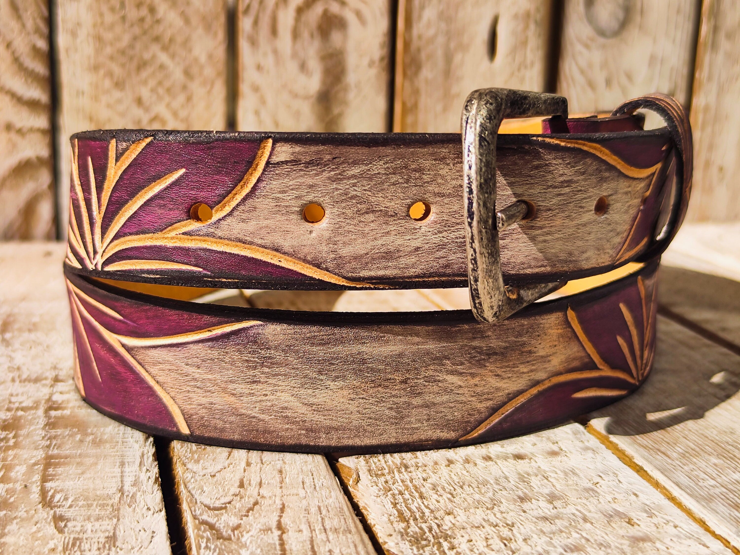 Handcrafted White Leather Belt with Engraved Purple Flower Design and Blackwash Finish